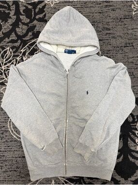 Polo by Ralph Lauren Distressed Heather Gray Full-Zip Hoodie with Navy Label